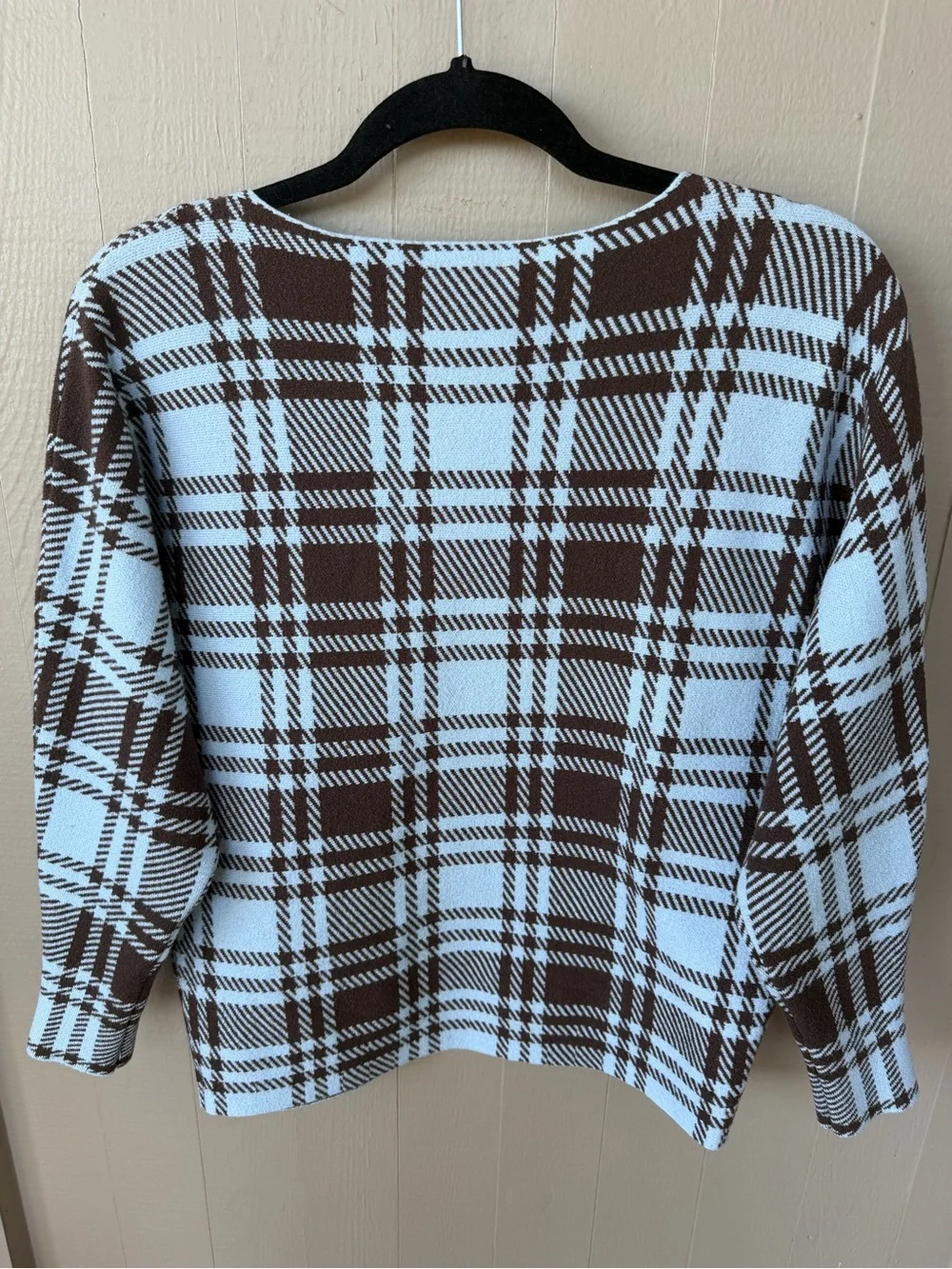 Adrienne Vittadini Plaid 3/4 Sleeve Soft Knit Sweater - Blue/Brown Sz M - Picture 4 of 5